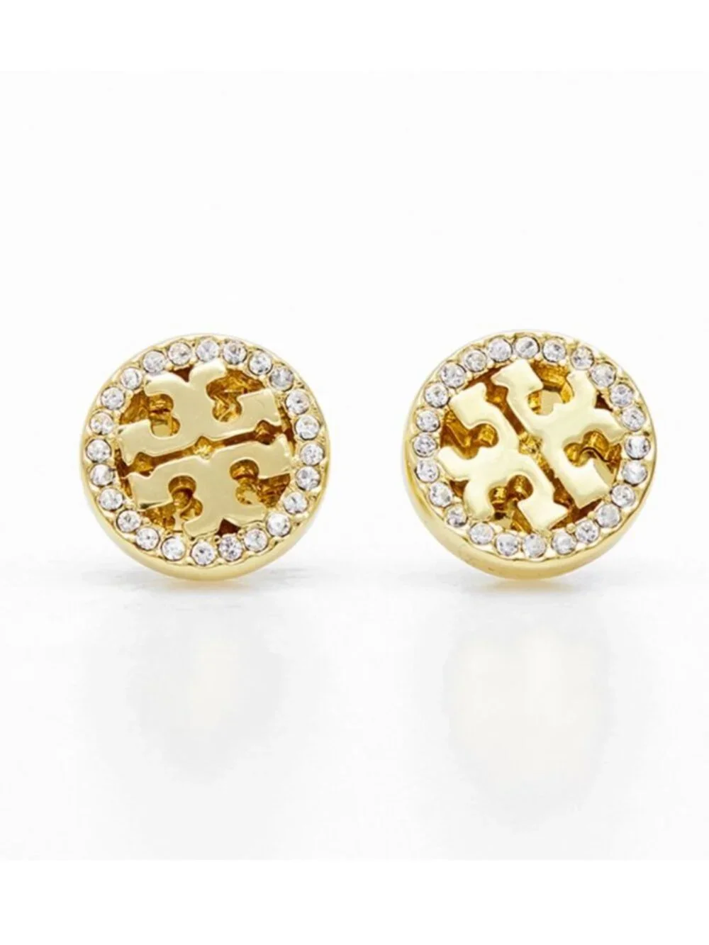 Tory Burch Miller Crystal Logo Stud Earrings Gold Tone Pavé Double T Earrings